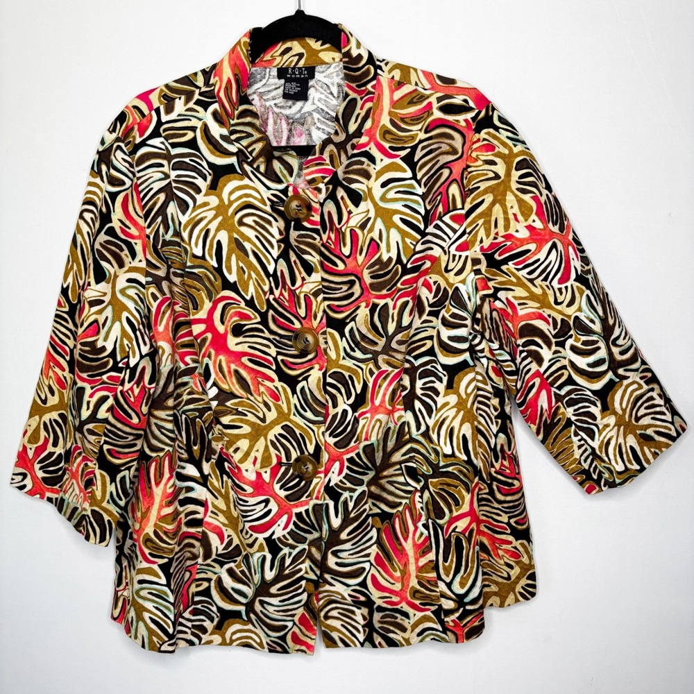RQT Tropical Leaf Print Button Up Topper‎ Size 2X Cotton 3 Button Fitted Back